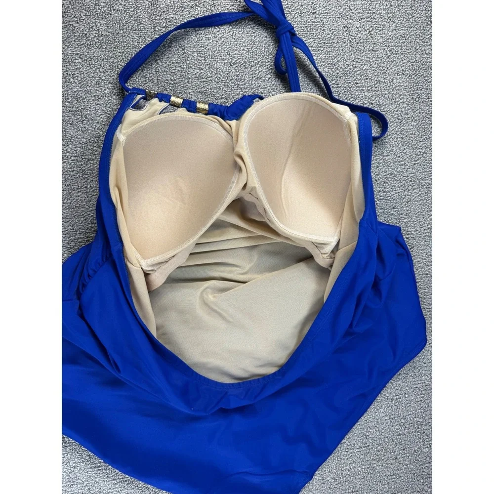 Cacique One Piece Swimsuit Plus Size 22 Royal Blue Halter Gold Hardware Wireless